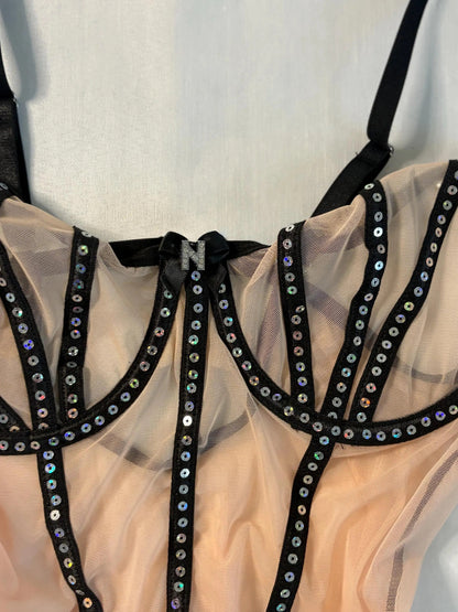 Sparkle & Mesh Rhinestone Backless Bodysuit
